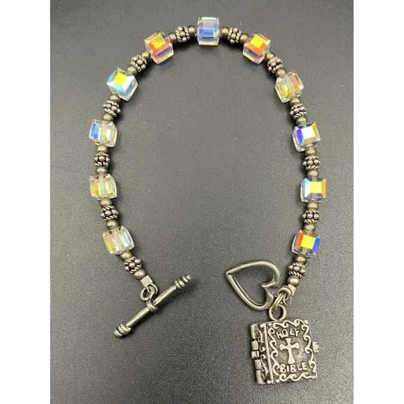 AB Crystal Cube Bracelet Bible Locket Charm Opens Mary Baby Jesus 925 Silver 7.5 - Picture 3 of 11